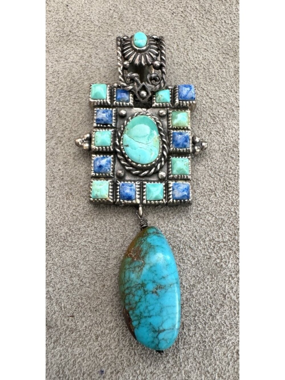Vtg Big TURQUOISE + Lapis in STERLING Silver PENDANT Enhancer + Turquoise NUGGET